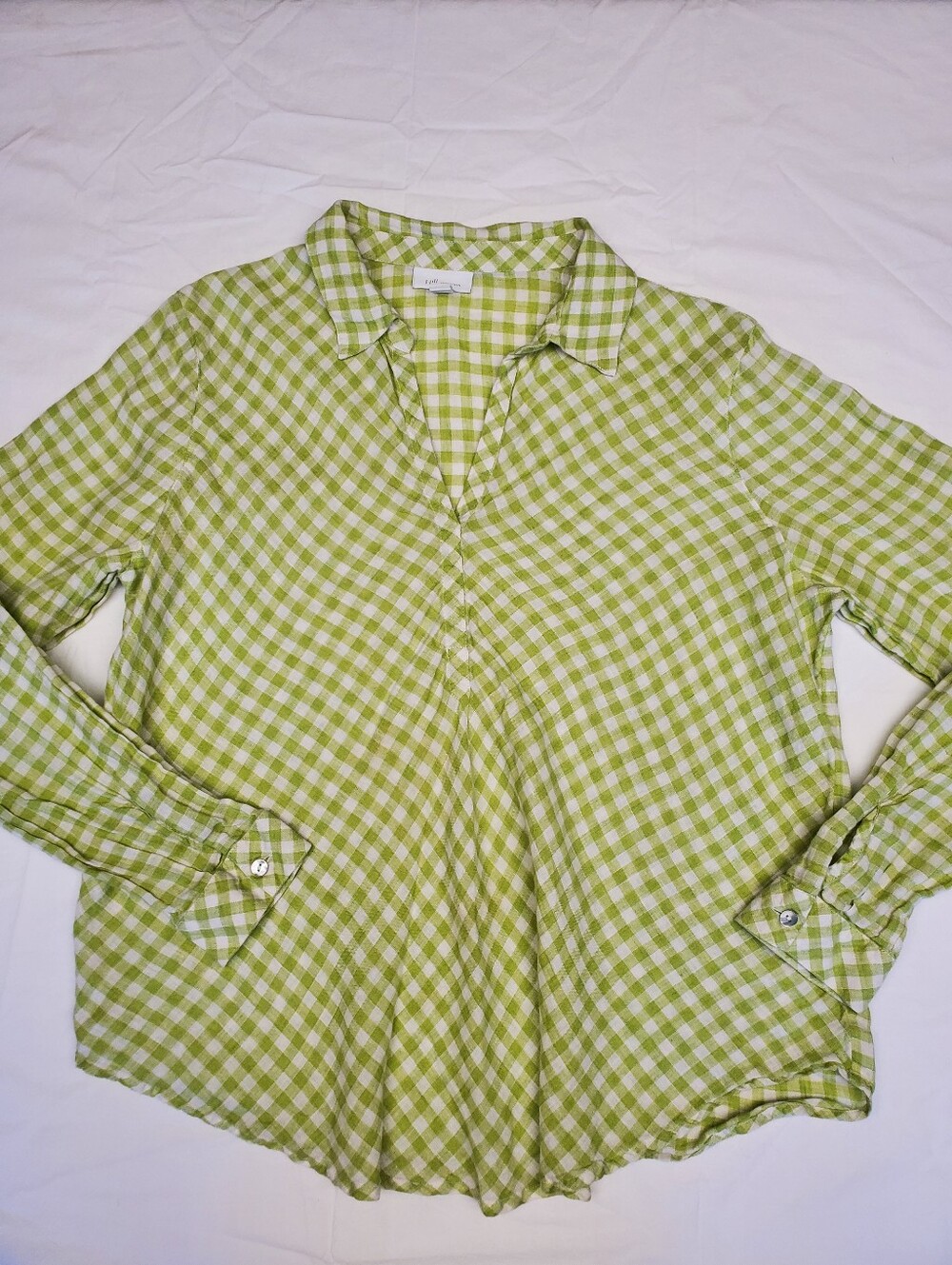J.Jill Love Linen Gingham Popover Tunic Womens M Lime Green White Shirt